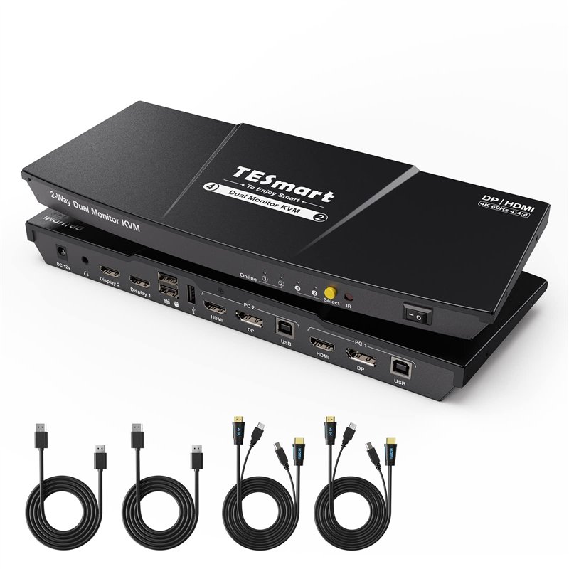 TESmart Commutateur KVM DisplayPort+HDMI 2 Monitors 2 Ordinateurs 4K@60Hz,KVM Switch Double Monitor 2 Port Extended Display,Emul