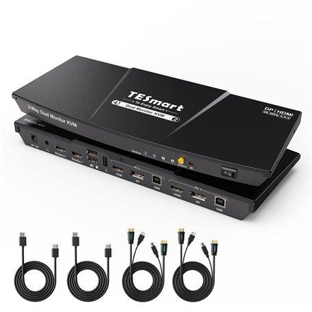 TESmart Commutateur KVM DisplayPort+HDMI 2 Monitors 2 Ordinateurs 4K@60Hz
