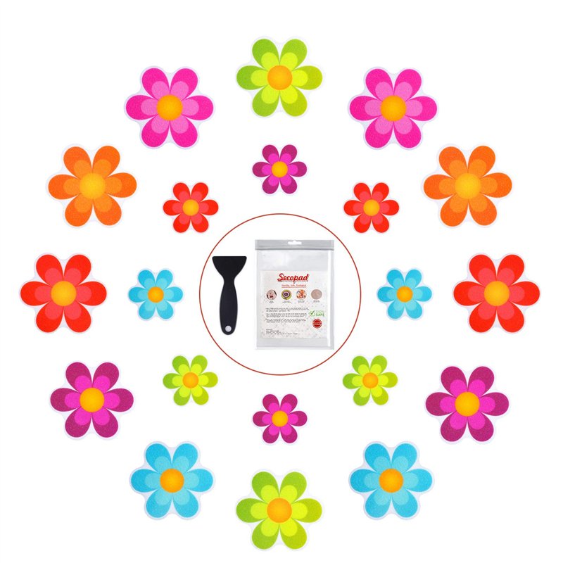 Secopad Lot de 20 autocollants antidérapants originaux pour baignoire, douche, sol de douche, fleurs vives avec grattoir de qualité