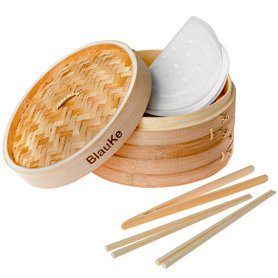BlauKe Panier Vapeur Bambou 25cm avec 2 Paires Baguettes Réutilisables