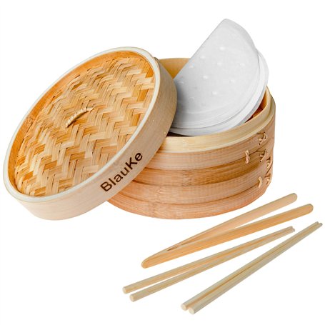 BlauKe Panier Vapeur Bambou 25cm avec 2 Paires Baguettes Réutilisables