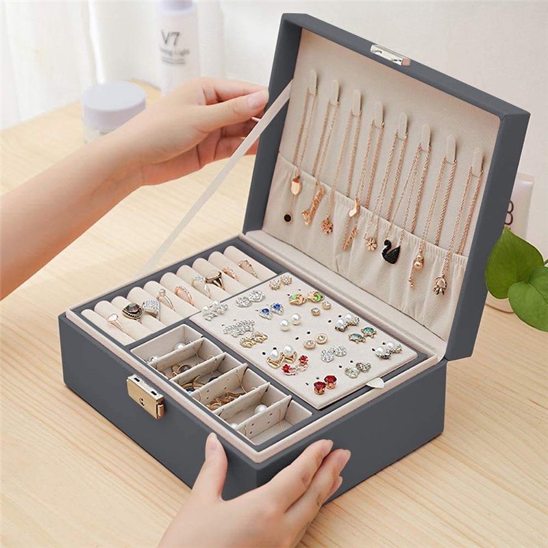 Image secondaire de Boîte à Bijoux, Mtianxy Femme Double Couche PU Cuir Boîte de Rangement pour Bagues Boucles D'oreilles Bracelets Colliers Organis