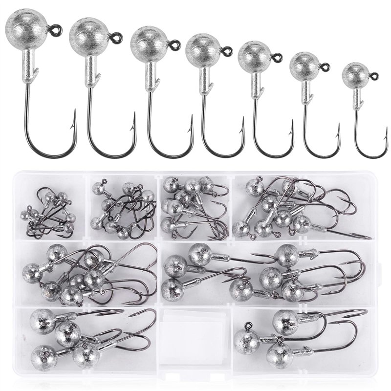UNOLIGA 49pcs Têtes Plombées Crochets Kit de Hameçons de Pêche, Brochet pour Leurre Souple Pêche en Mer (1/2/3.5/5/7/10/14 g)