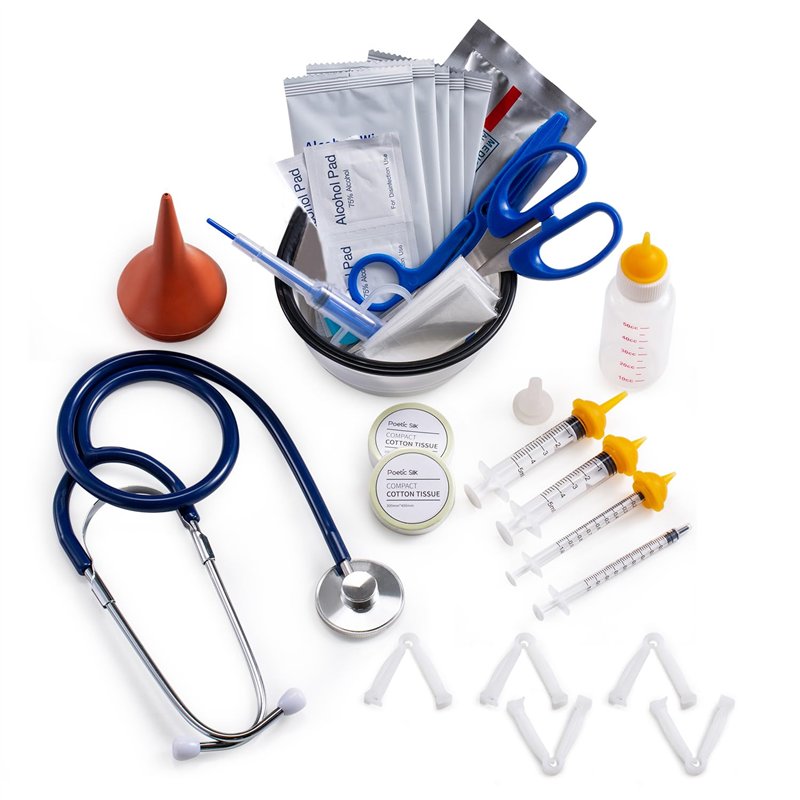 GSSFASHION Kit de Mise Bas Chiot Chaton, Kit de Mise Bas avec Tétine d'alimentation Stéthoscope Ciseaux Pinces de Cordon Aspirat