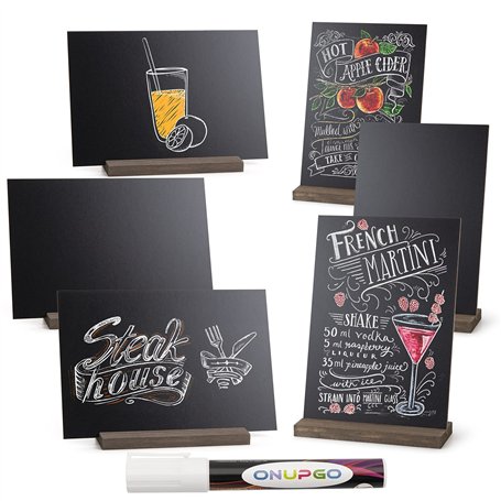 ONUPGO Mini enseignes de tableau noir vintage en bois avec support de base – 15.5 x 22.5cm Lot de 6