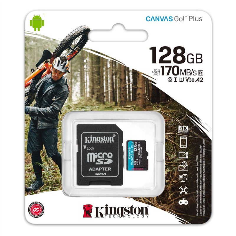 Kingston 128GB microSDXC Canvas Go Plus 170MB/s Read UHS-I, C10, U3, V30, A2/A1 Memory Card + Adapter (SDCG3/128GBCR)