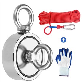 MEIXI N52 Double Faces Aimant Pêche Néodyme Puissant Doubles Crochets Diamètre 75mm Epaisseur 25mm Force Traction 420KG Corde Tr