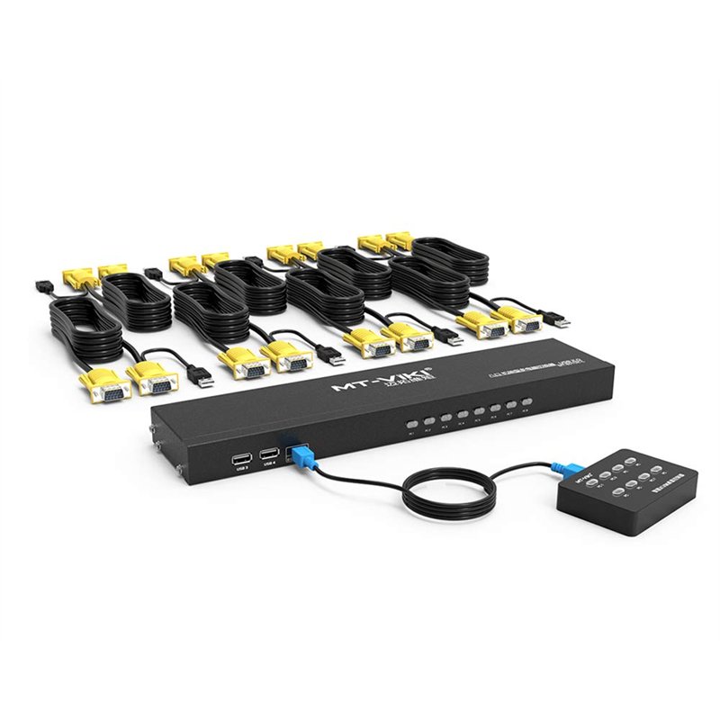 MT-VIKI Commutateur KVM VGA 8 ports 1U à montage en rack 8 x 1 - Prend en charge clavier, souris, haut-parleurs USB - Avec 8 câbles