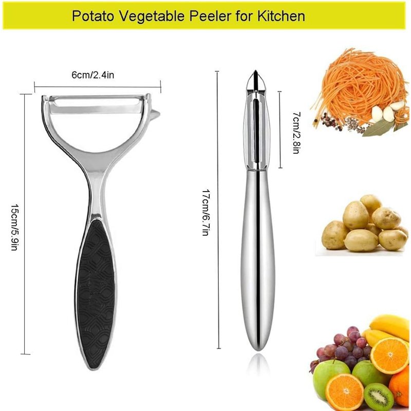 Image secondaire de 2 pièces éplucheur légumes, Acier inoxydable, Éplucheur à peaux souples à lame curvée et dentelée en acier inoxydable, Économe,E