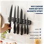 Gourmetop Ensemble De Couteaux De Cuisine Avec Bande Magnétique Sans Perçage, Couteaux De Chef Noirs Tranchants Pour Couper Vian
