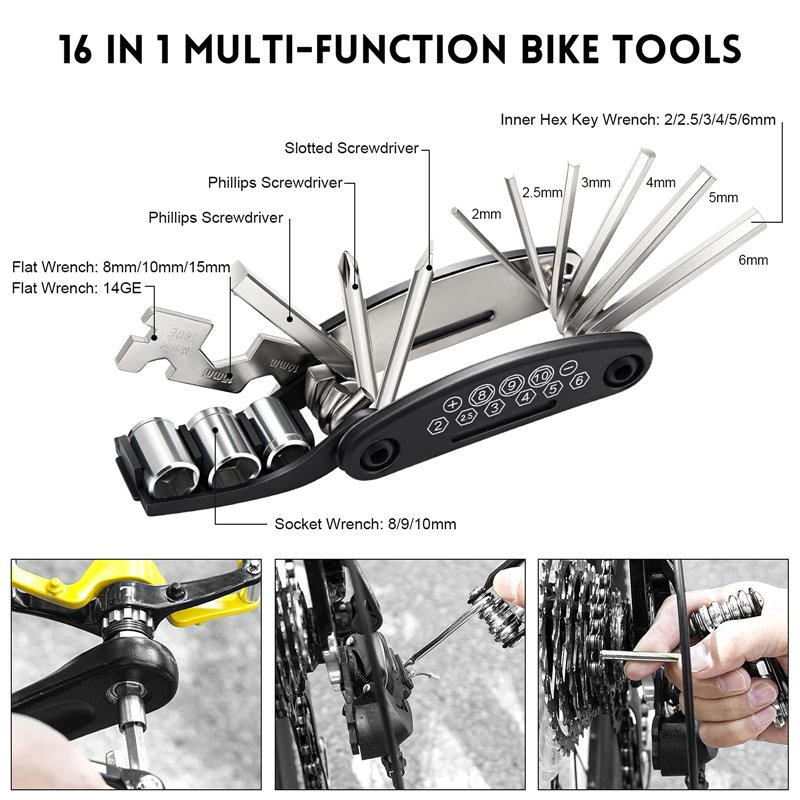 Image secondaire de Kit Reparation Velo, Trousse Outils de Vélo, Outil Multifonction 16 en 1, Kit Crevaison Velo avec 3 Levier Pneu Velo, Rustine Ve