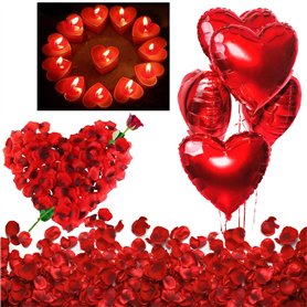 Bougies Romantiques et Pétales. 50 Bougies en Forme de Coeur + 1000 Pétales de Rose Rouges en Soie