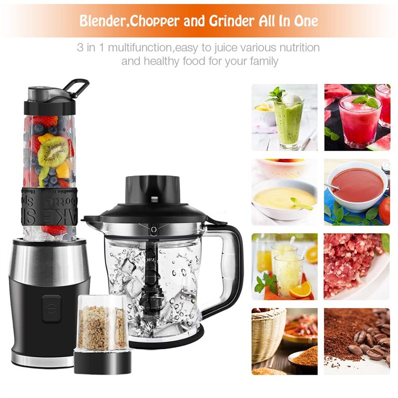 Image secondaire de Blender Mixeur 3-en-1, 700W Blender Smoothie 24000 tours/min, avec pot de 1,2 L/bouteille de sport de 570 ml/tasse de broyage de