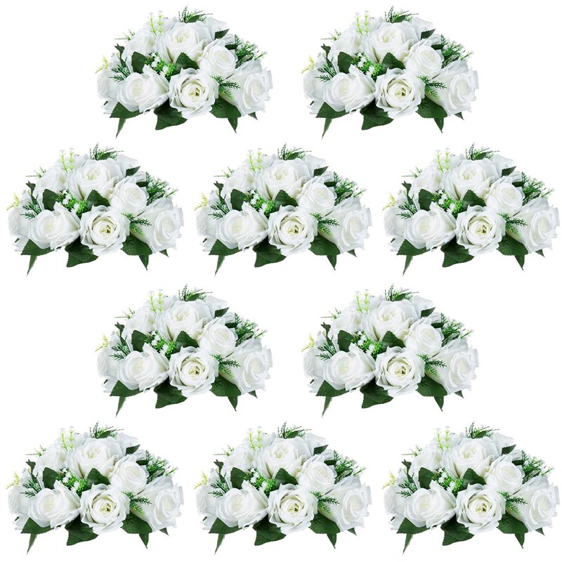 NUPTIO 10 Pièces Fleurs Artificielles, 15 Têtes de Roses Plastique avec Base, Convient au Centre de la Table Mariage Notre Magas