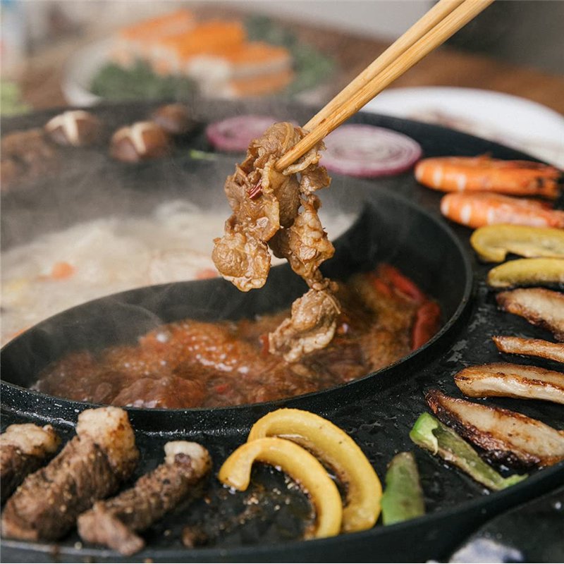 Image secondaire de Food Party Hot Pot Electrique Appareil Fondue Chinoise et Barbecue Coréen électrique de Table 220V 2200W 2 in 1 Hotpot Wok BBQ G