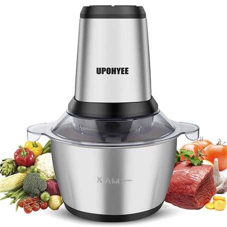 UPOHYEE Hachoir électrique 600 W hachoir cuisine avec 4 lames et 2 L Bol en acier inoxydable Electrique Mixeur Cuisine 2 vitesse