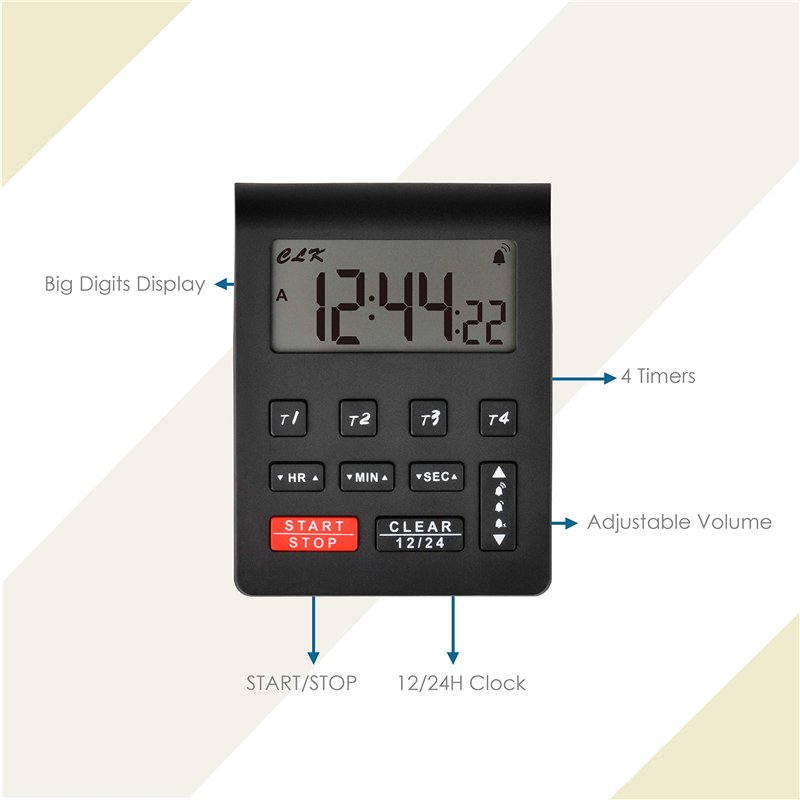 Image secondaire de Minuterie de cuisine de bureau numérique Runleader, 4 minuteries de compte à rebours et chronomètres avec horloge 12/24 heures R