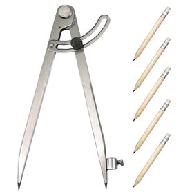 KINDPMA Compas de Mesure en Acier Professionnel Compas Pointe au Carbonne avec 5pcs Crayons Compas de Précision Réglage pour Cha