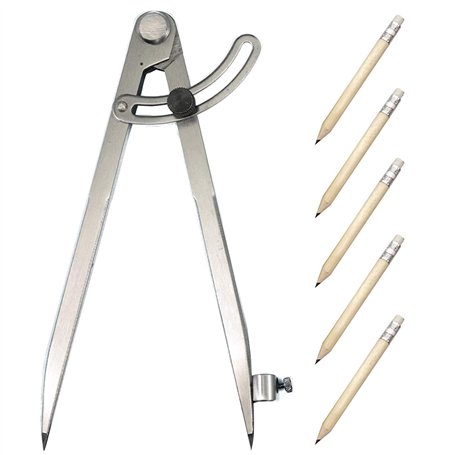 KINDPMA Compas de Mesure en Acier Professionnel Compas Pointe au Carbonne avec 5pcs Crayons Compas de Précision Réglage pour Cha