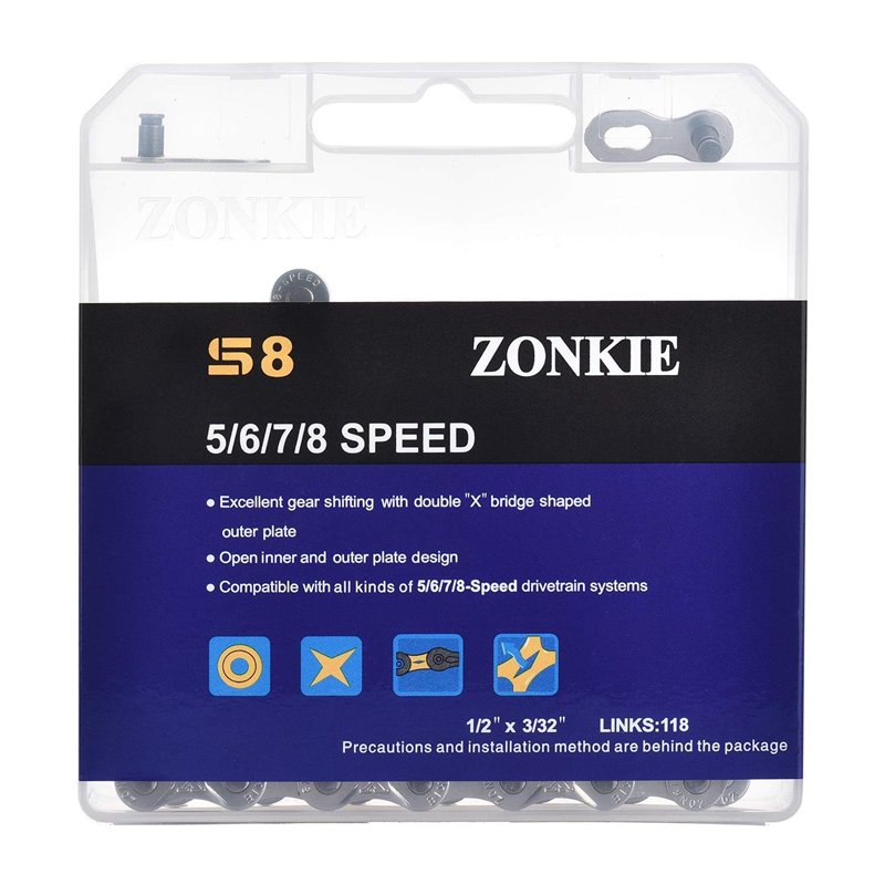 zonkie Chaîne de vélo 5/6/7/8 vitesses 1/2 x 3/32