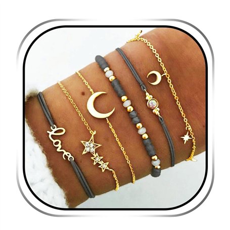Edary Lot de 6 bracelets boho Étoiles et lune en cristal et pierres précieuses bracelet Doré perles fait à la main chaîne pour f