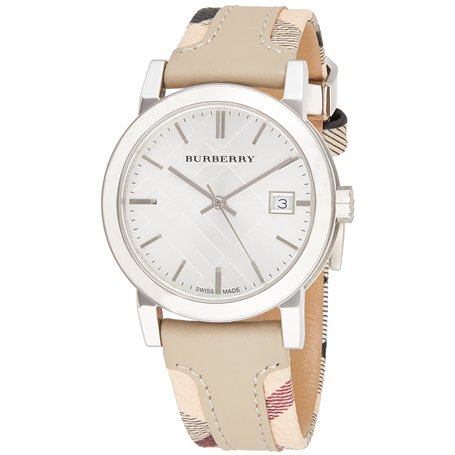 Burberry BU9132 The City Haymarket Véritable montre Burberry unisexe avec bracelet en cuir et patchwork de tissus/afficheur de d