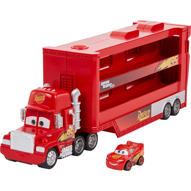 Mattel Disney Pixar Cars Camion Transporteur Mack pour transporter jusqu'à 18 mini-véhicules, mini voiture Flash McQueen incluse
