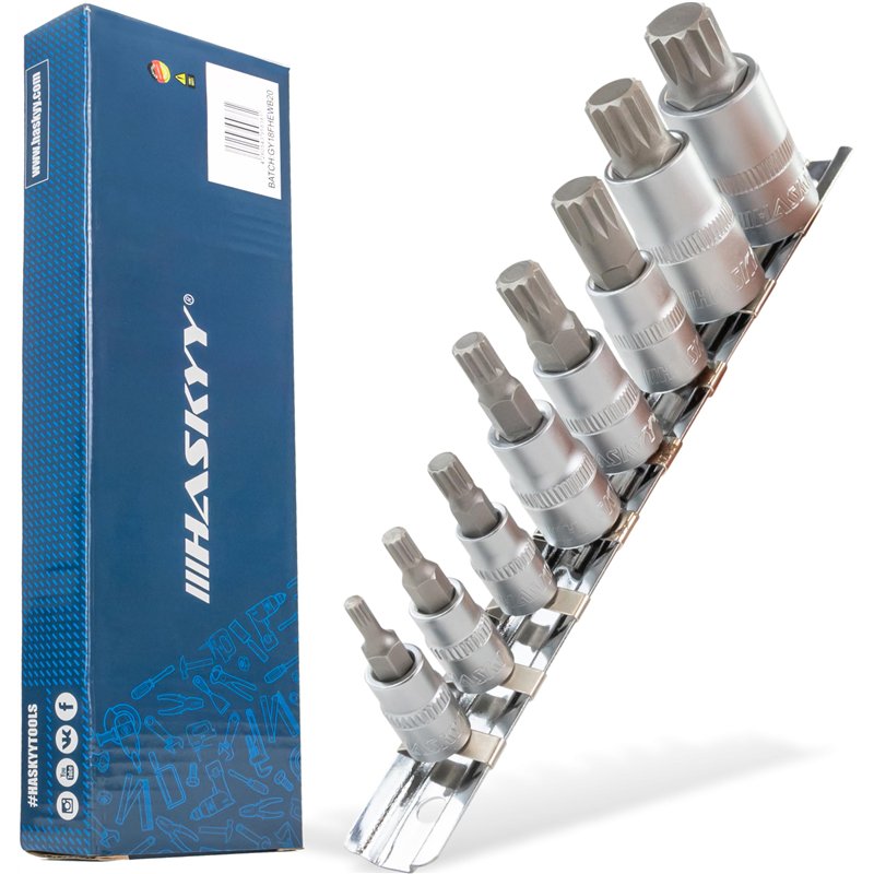 XZN Jeu de douilles à embouts 8 pièces M4 M5 M6 M8 M10 M12 M14 M16 1/2 3/8 1/4 Avec denture multiple Douilles à plusieurs dents