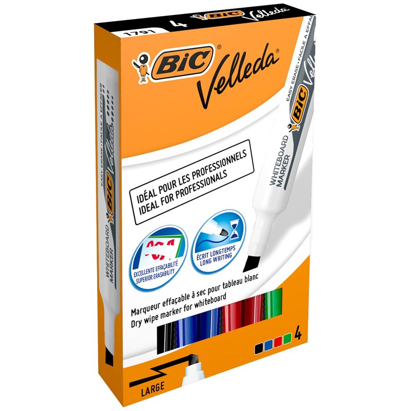 BIC Velleda 1791 Feutres pour Tableau Blanc Effaçables à Sec Pointe Large Biseautée - Couleurs Assorties, Etui Carton de 4