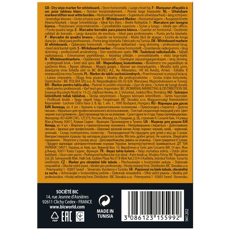 Image secondaire de BIC Velleda 1791 Feutres pour Tableau Blanc Effaçables à Sec Pointe Large Biseautée - Couleurs Assorties, Etui Carton de 4
