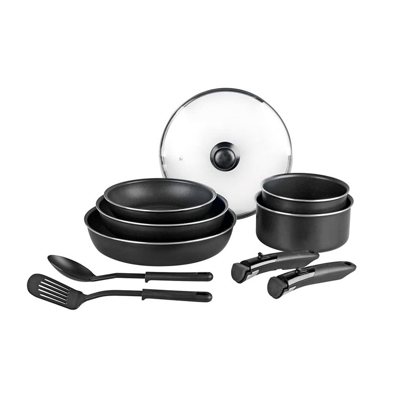 Sitram 712763 Batterie 10 pcs alu noir : 3 poêles Ø20/24/28cm, 2 casseroles Ø16/20cm, 2 ustensiles nylon, 1 couv. verre Ø24cm, 2