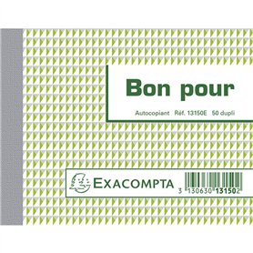 Exacompta - Réf. 13150E - 1 Manifold BON POUR - 50 feuillets numérotés et autocopiants - duplicatas (1 original + 1 copie) - for