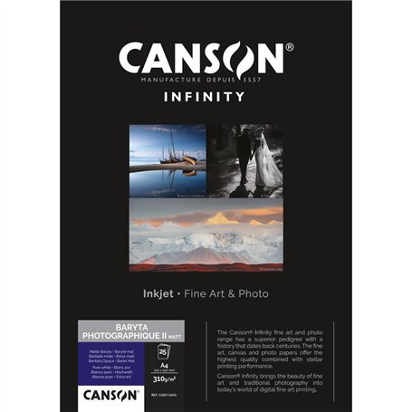 CANSON Infinity Baryta Photographique II Matt - Tirage Papier Photo Baryté - Boîte de 25 feuilles A4 - Extra Lisse Mat - Blanc P
