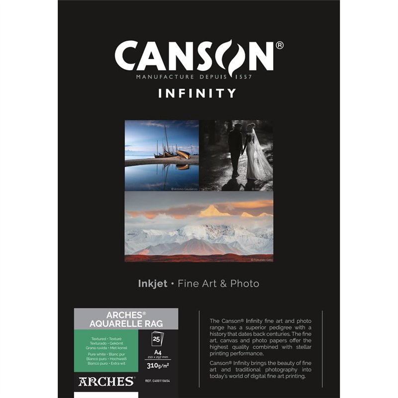 CANSON Infinity ARCHES Aquarelle Rag - Tirage papier Fine Art ARCHES - Boîte de 25 feuilles A4 - Grain texturé - Blanc pur - 310