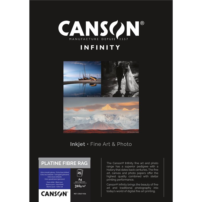 CANSON Infinity - Platine Fibre Rag - Boîte 25 feuilles de papier photo baryté A4 brillant - 310g/m² - Blanc Pur
