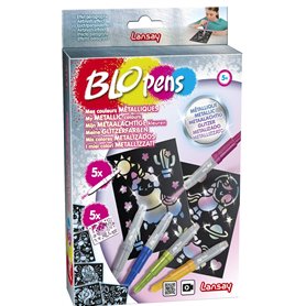 Lansay - BLOPENS - Mes Couleurs Métalliques - 5 Feutres de Coloriage À Souffler Avec 5 Pochoirs Réutilisables - Idée Cadeau Enfa