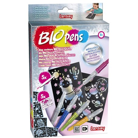 Lansay - BLOPENS - Mes Couleurs Métalliques - 5 Feutres de Coloriage À Souffler Avec 5 Pochoirs Réutilisables - Idée Cadeau Enfa