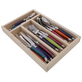 Ménagère 24 pièces Laguiole couleur London mix en range-couverts en bois naturel