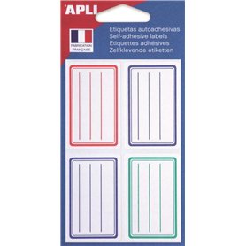 APLI 101096 - Pochette 24 étiquettes scolaires lignées bleues/rouges/vertes - 36 x 56 mm - Coins arrondis