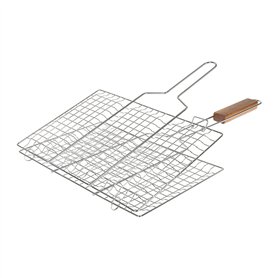 RUECAB - Grille de Barbecue Double Quadrillé Inox Poignée Bois Argent