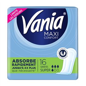 Vania - Serviettes Maxi Confort Super (boîte de 16 pièces) – Serviettes avec forme anatomique et cœur bombé absorbant – Protecti