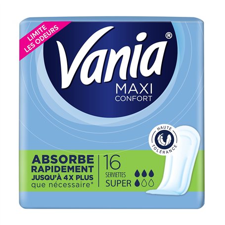 Vania - Serviettes Maxi Confort Super (boîte de 16 pièces) – Serviettes avec forme anatomique et cœur bombé absorbant – Protecti