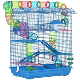 PawHut Cage pour Hamster Souris Petit Animaux Rongeur avec Tunnel Mangeoire Roue Jouet 47 x 30 x 59 cm Bleu