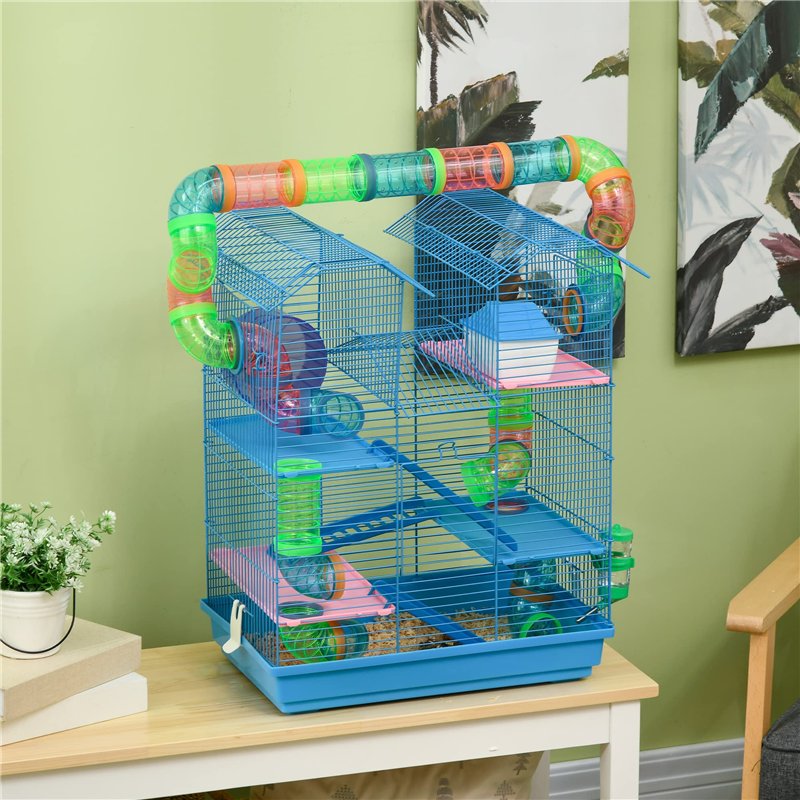 Image secondaire de PawHut Cage pour Hamster Souris Petit Animaux Rongeur avec Tunnel Mangeoire Roue Jouet 47 x 30 x 59 cm Bleu