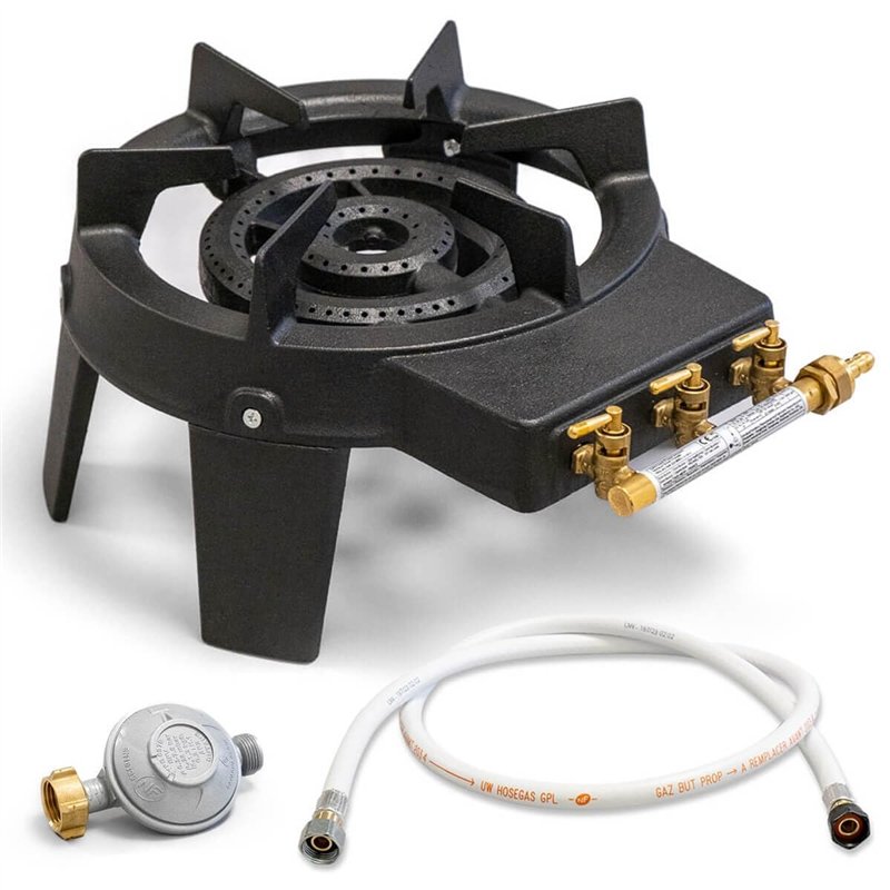 Rechaud Gaz Fonte véritable 9.8 KW 4 pieds 3 robinets + Tuyau gaz à vis 1.50m + Détendeur Butane