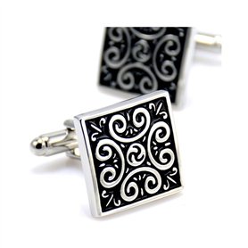 BOBIJOO JEWELRY - Boutons de Manchette Tribal Celte Fleur de Lys Triskel Carré Noir Argenté
