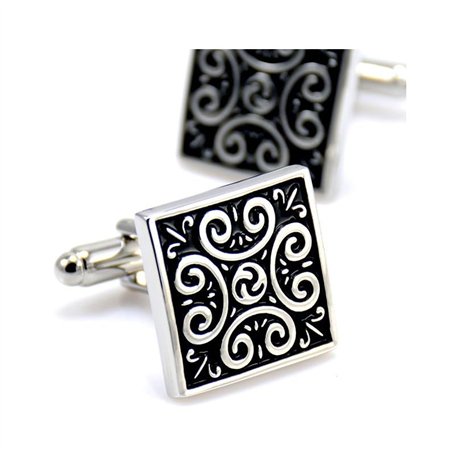 BOBIJOO JEWELRY - Boutons de Manchette Tribal Celte Fleur de Lys Triskel Carré Noir Argenté