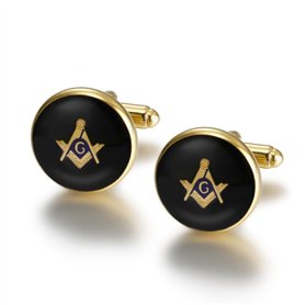 BOBIJOO JEWELRY - Boutons de Manchette Franc-Maçonnerie Rond Or Noir Email Symboles Equerre Compas G 18mm
