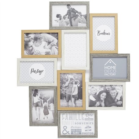 HOME DECO FACTORY - HD4213 - Cadre Photo Multiple Pele-Mele 10 Vues Bois et Blanc deco Souvenir - Beige Marron