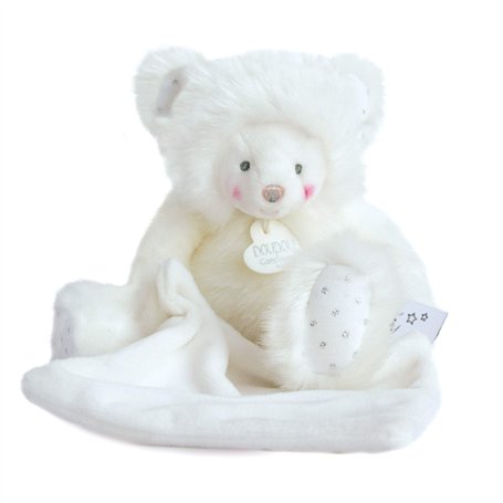 Doudou et Compagnie - Peluche Ourson Avec Doudou Mouchoir - 22 cm - Blanc - Trop Mimi - DC3555